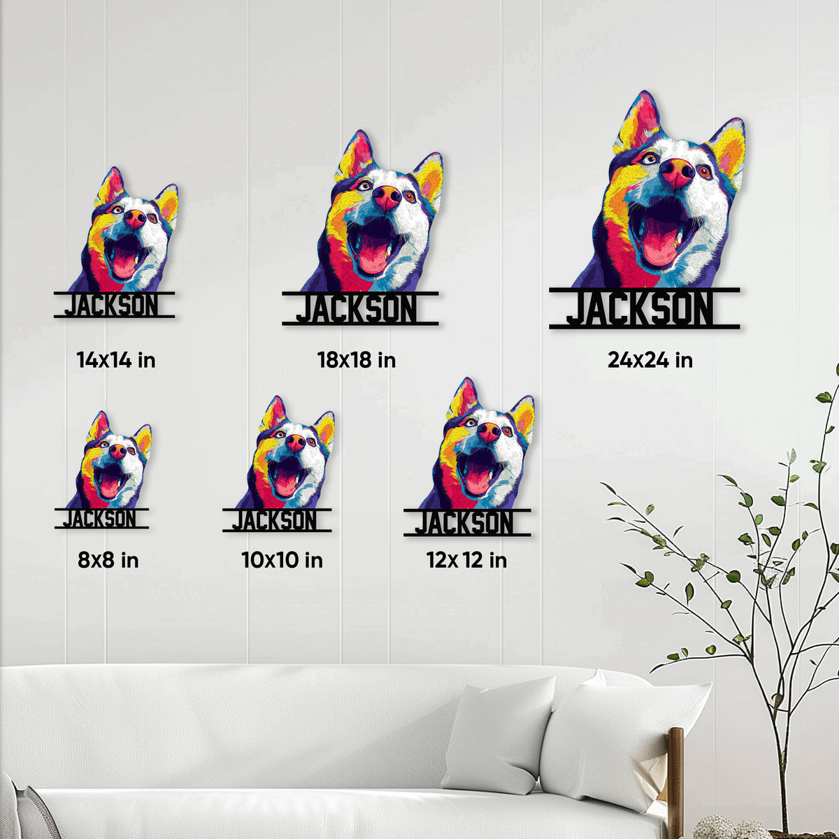 Husky portrait metal sign displayed in multiple size options on a living room wall