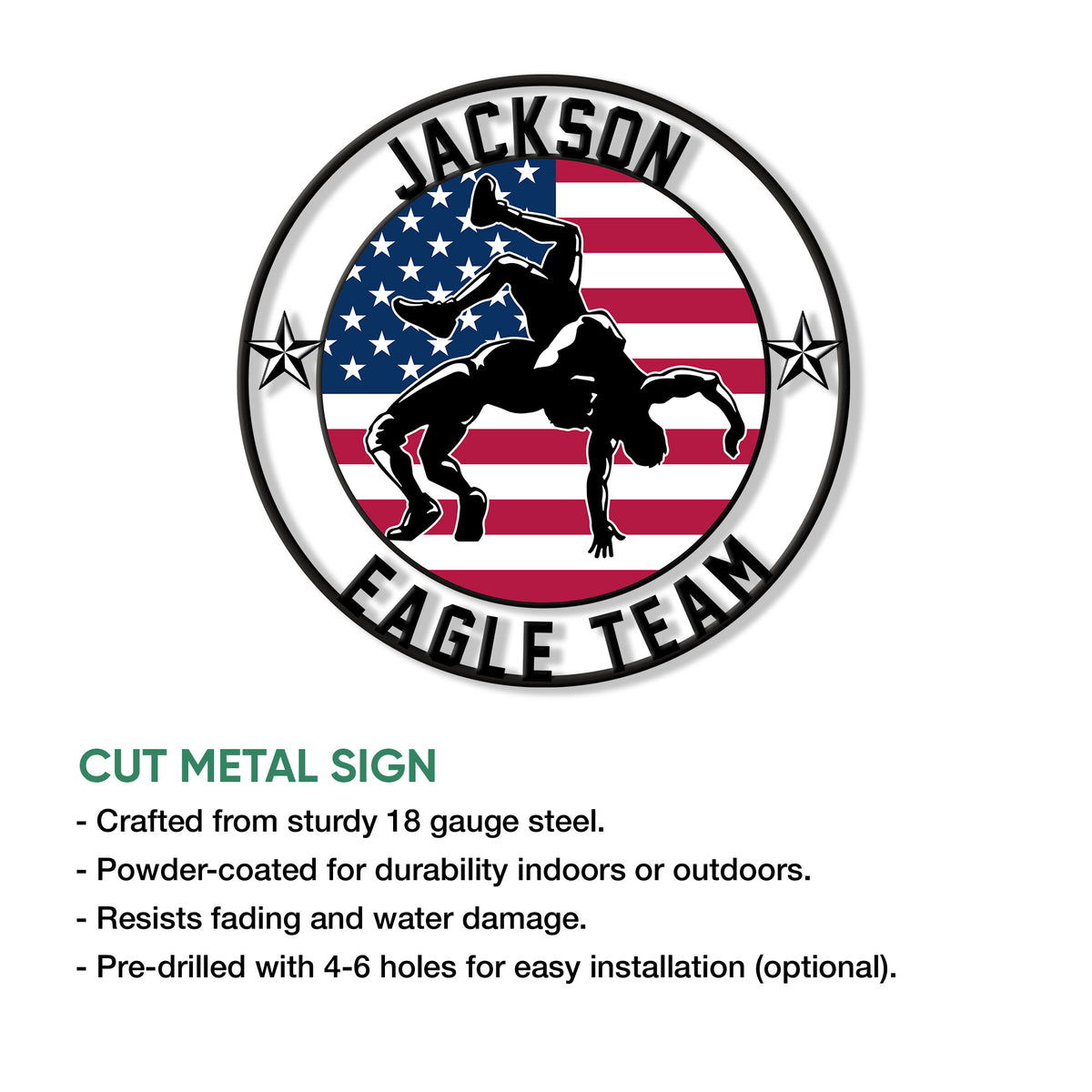 Wrestling team metal sign shown with cut-metal construction and bold circular athlete design