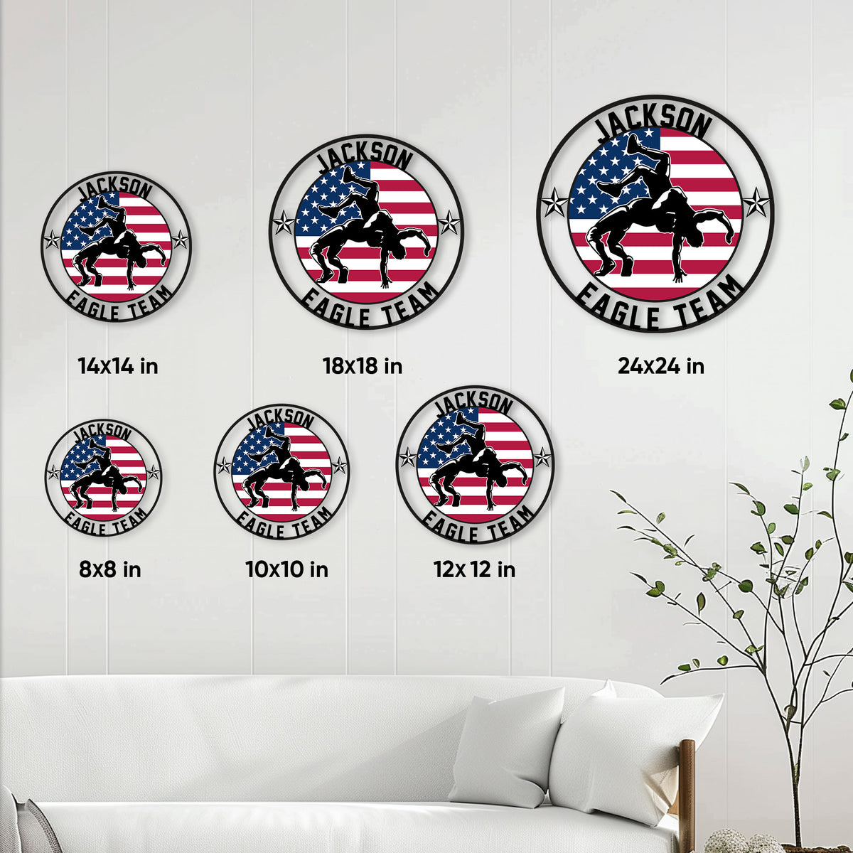 Wrestling metal sign size guide showing circular options from 8 by 8 to 24 by 24 inches