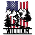 Custom skiing metal sign featuring a downhill skier, mountain peaks, evergreen trees, and a patriotic flag backdrop