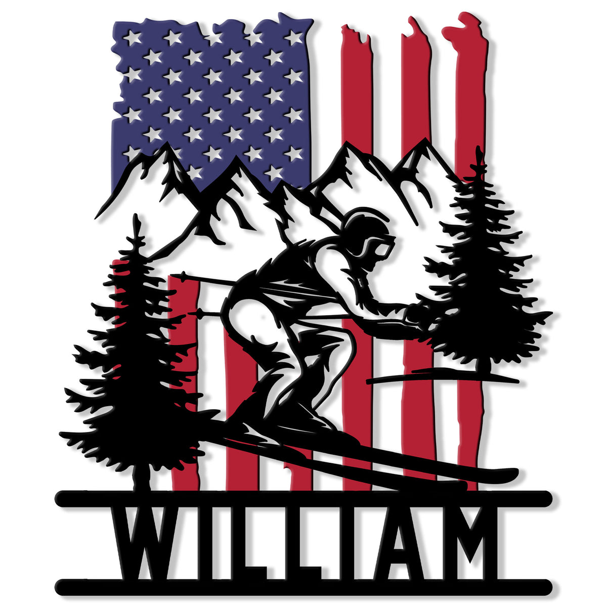 Custom skiing metal sign featuring a downhill skier, mountain peaks, evergreen trees, and a patriotic flag backdrop