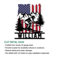 Skiing metal sign feature graphic showing a downhill skier among mountain peaks and pine trees