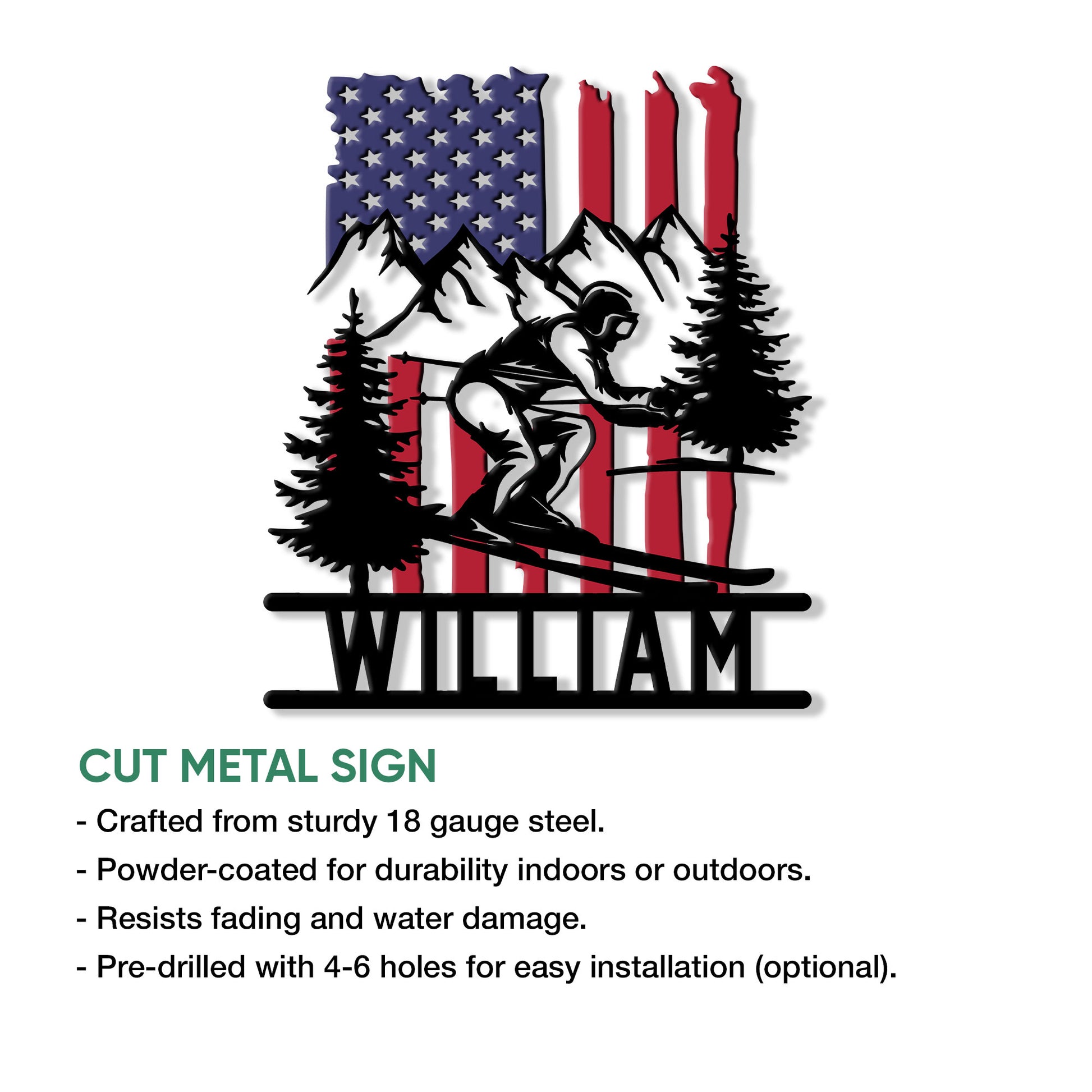 Skiing metal sign feature graphic showing a downhill skier among mountain peaks and pine trees