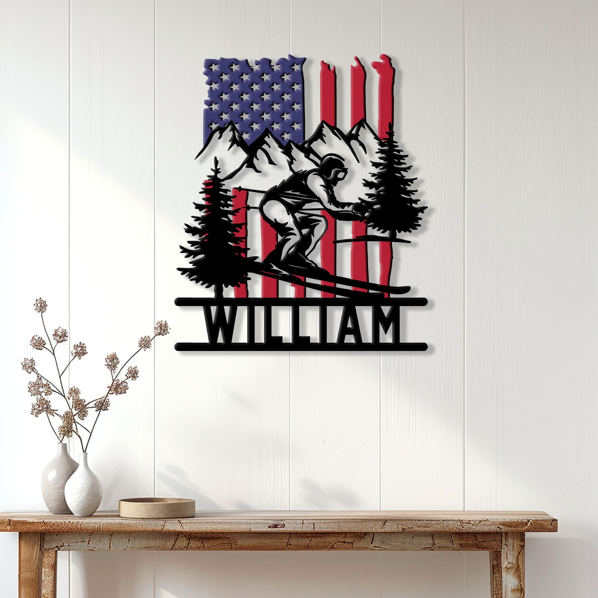 Skiing wall decor displayed on a light wood wall above a console table