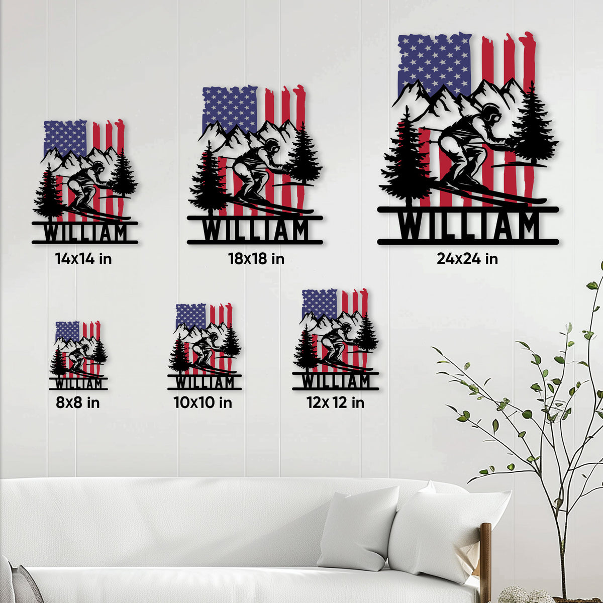 Skiing metal sign size guide showing multiple square size options in a living room setting