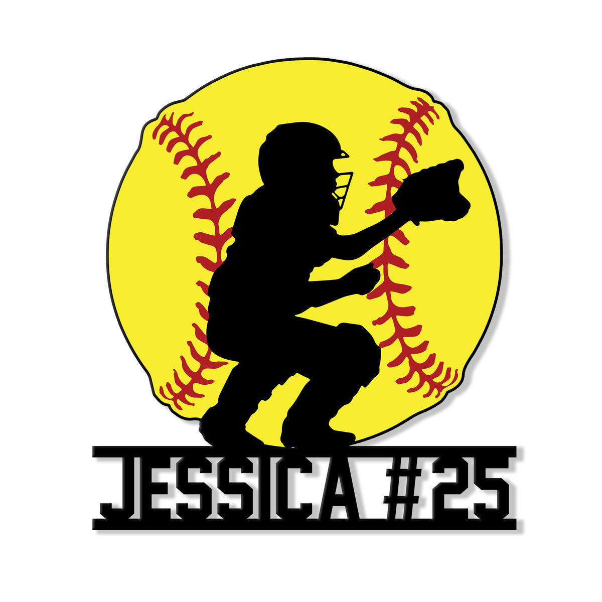 Softball metal sign featuring a catcher silhouette in front of a bright yellow softball