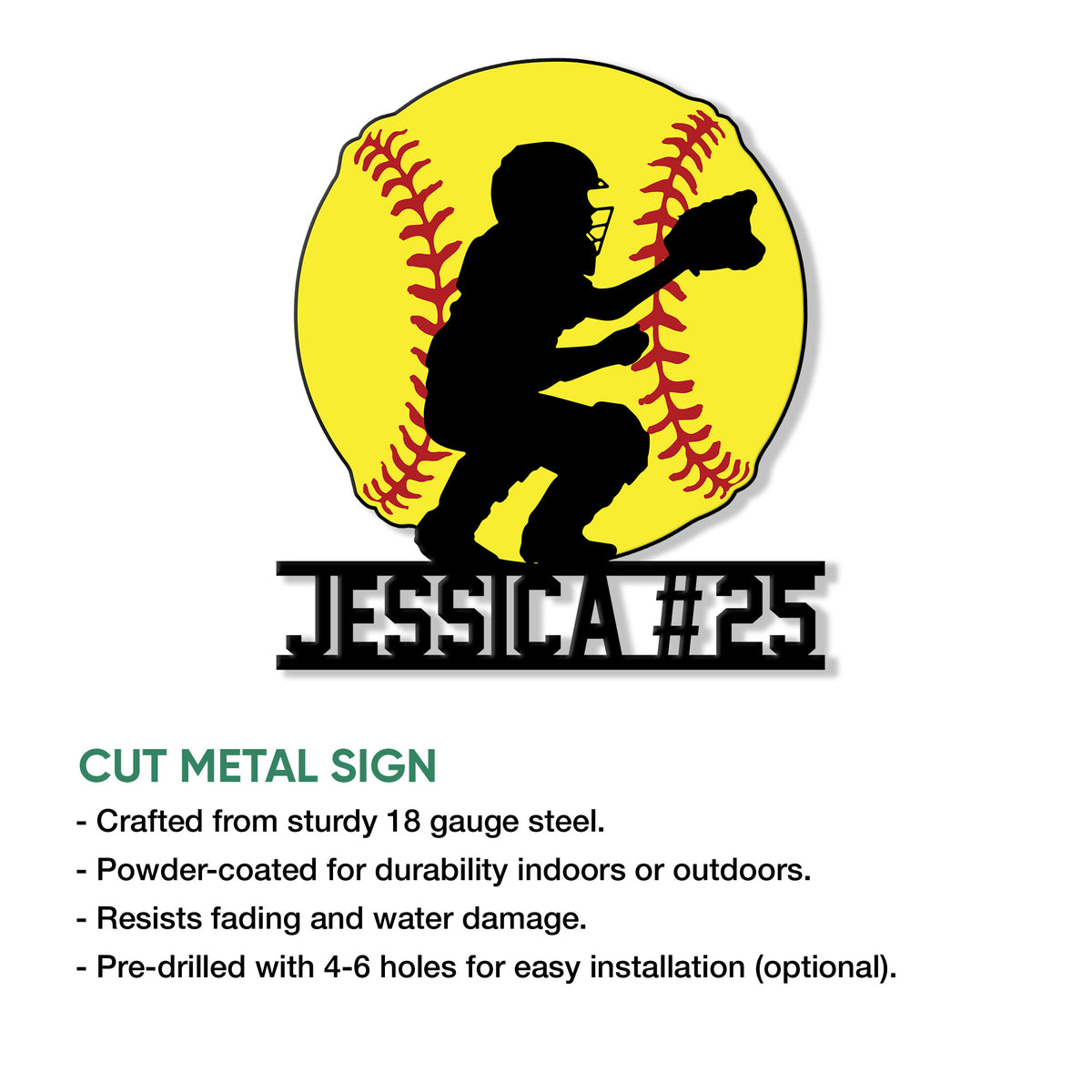 Softball catcher metal sign shown in a product feature graphic with a bold cutout design