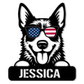 Custom Australian Cattle Dog metal sign featuring a bold Blue Heeler wearing patriotic sunglasses