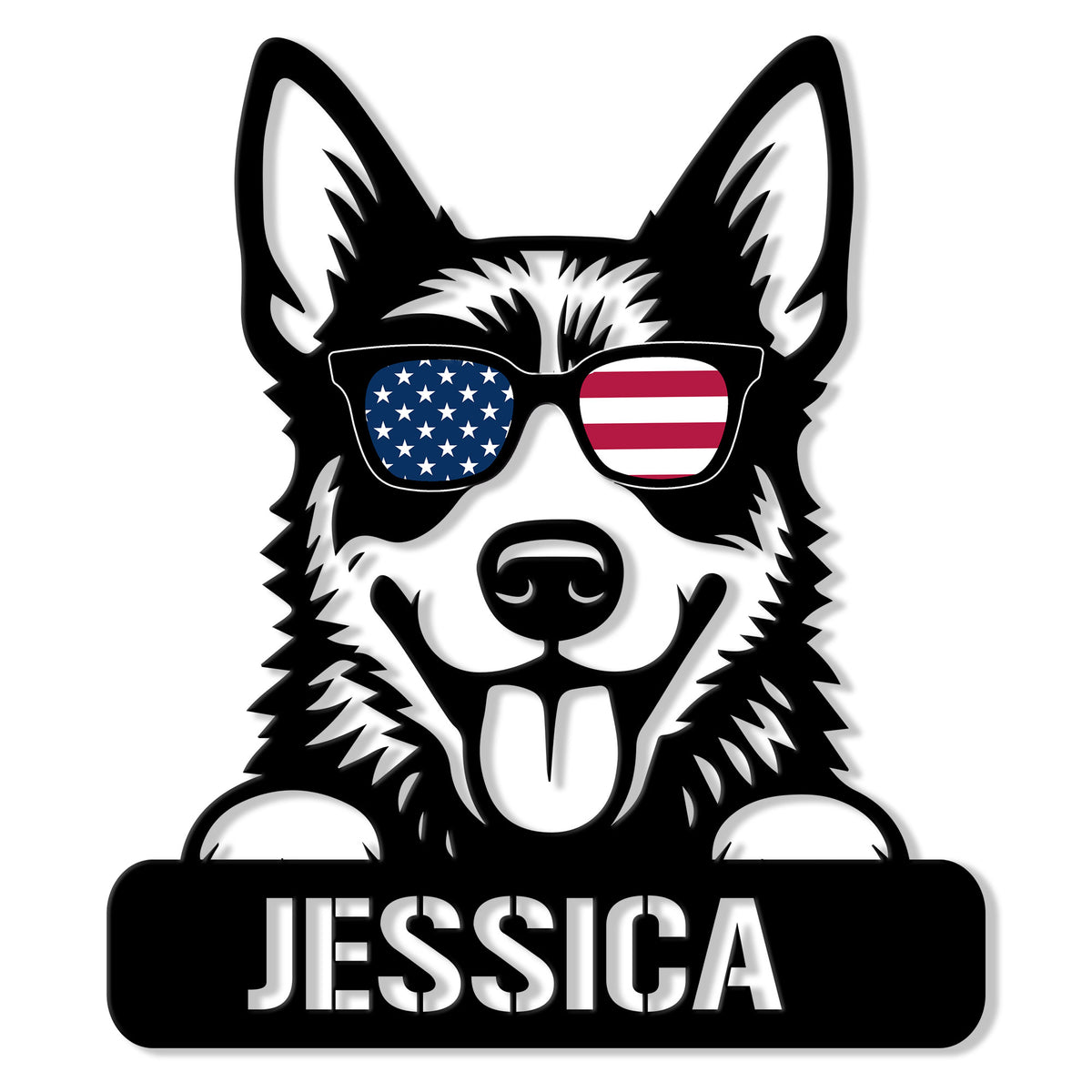 Custom Australian Cattle Dog metal sign featuring a bold Blue Heeler wearing patriotic sunglasses