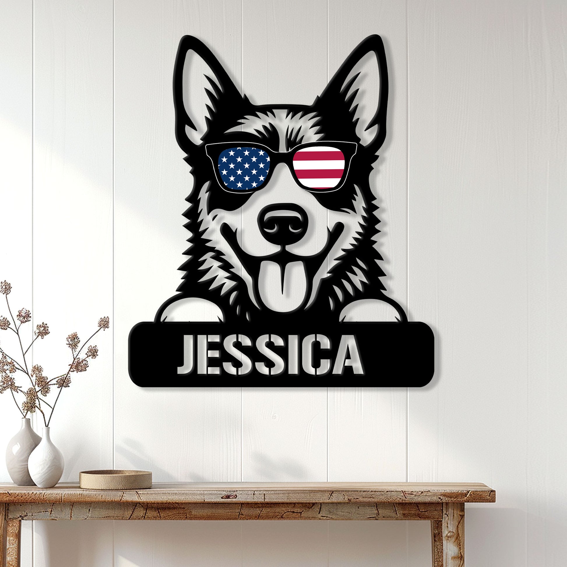 Australian Cattle Dog metal sign displayed on a white paneled wall above a wood console table
