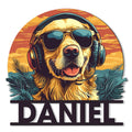 Golden Retriever metal sign featuring a cheerful dog in sunglasses and headphones with tropical foliage