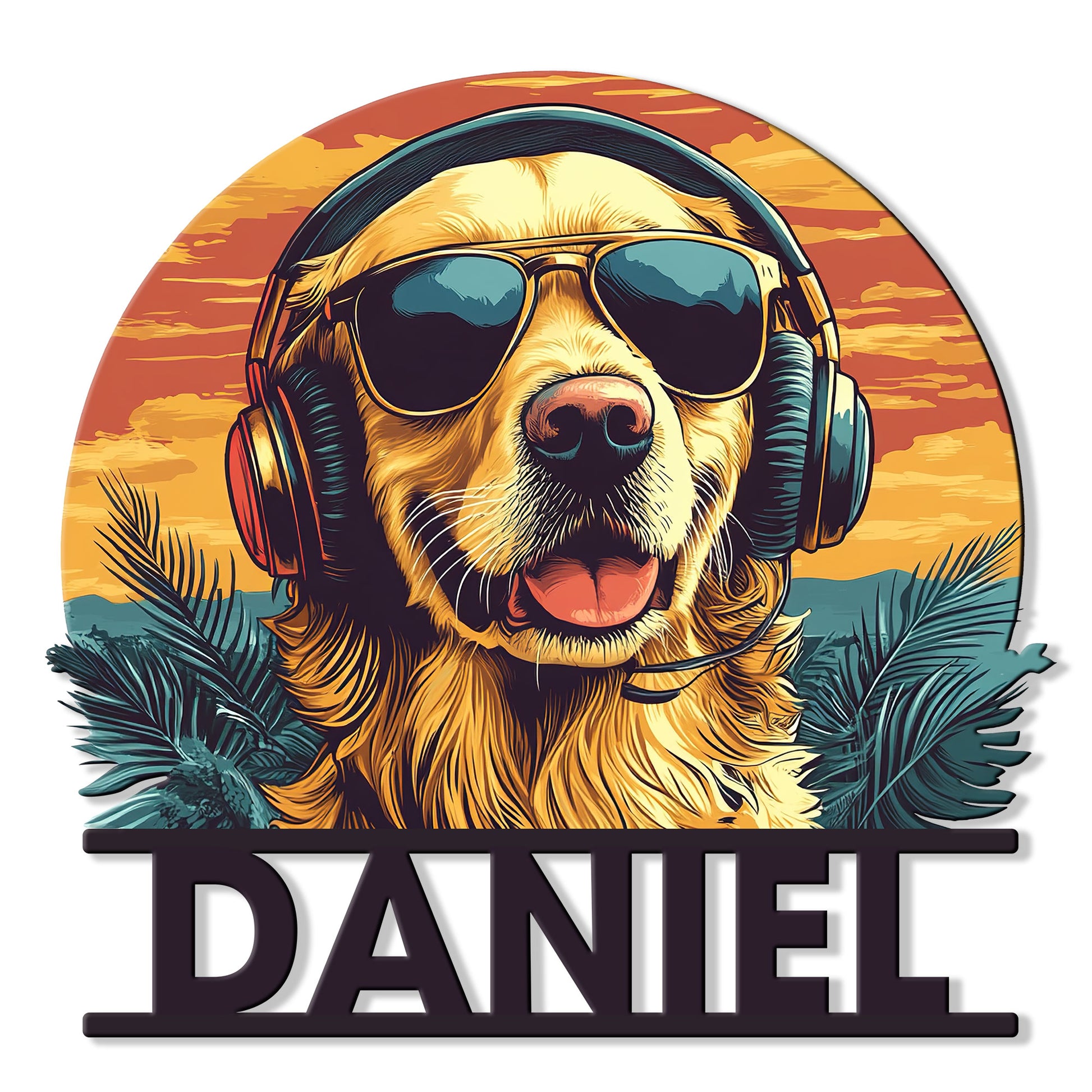 Golden Retriever metal sign featuring a cheerful dog in sunglasses and headphones with tropical foliage