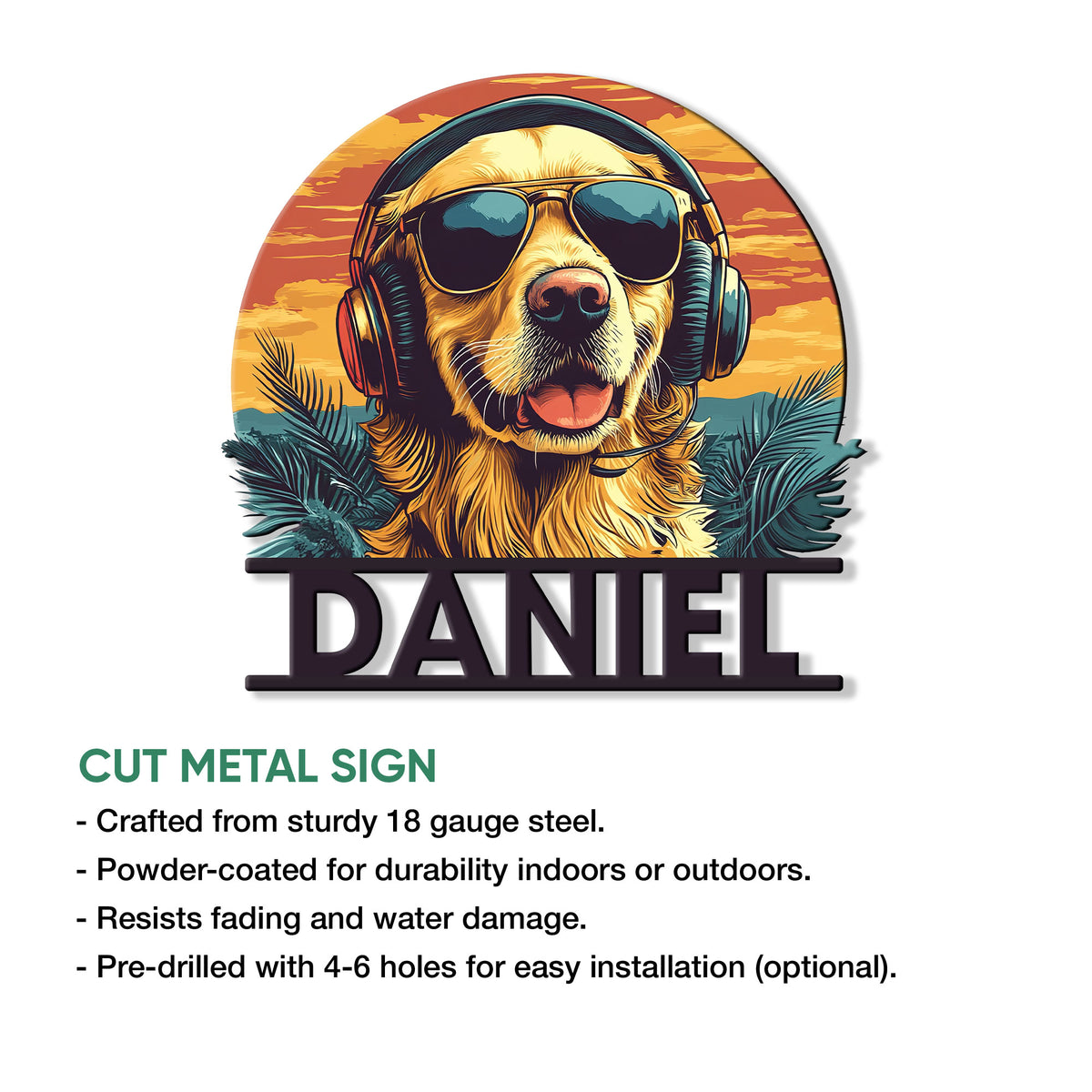 Golden Retriever metal sign with a bold music-inspired portrait, shown alongside cut metal sign feature details