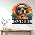 Golden Retriever wall decor displayed in a bright living room with a dog wearing sunglasses and headphones