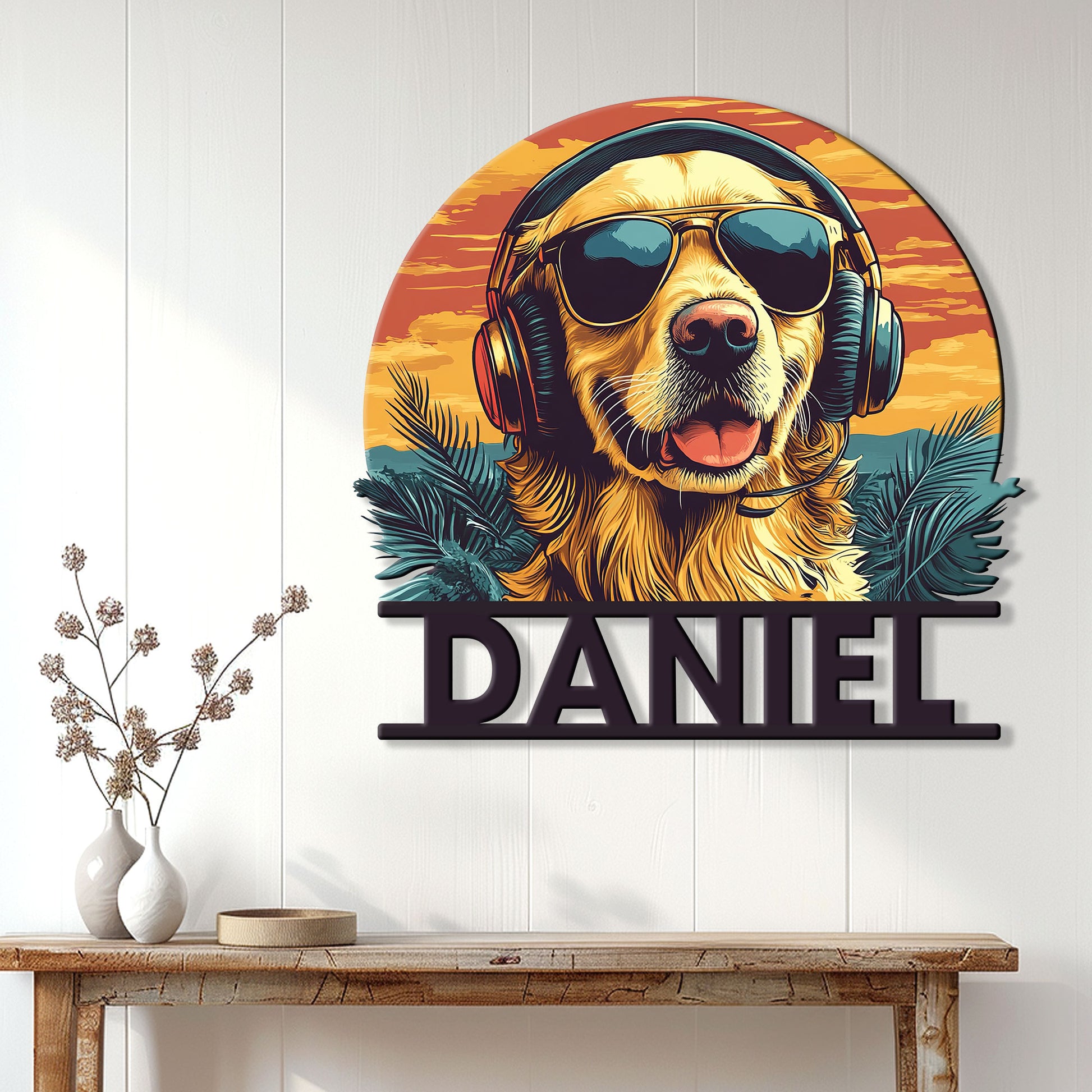 Golden Retriever wall decor displayed in a bright living room with a dog wearing sunglasses and headphones