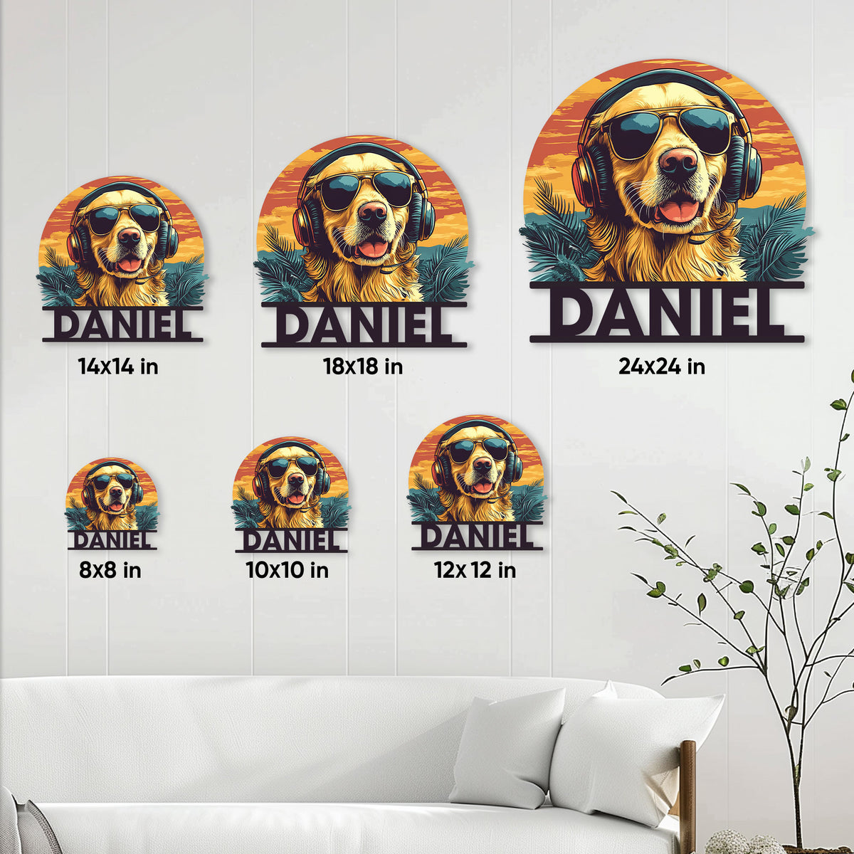 Golden Retriever metal sign size guide showing multiple available dimensions for dog lover wall decor