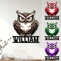 Owl metal sign displayed on a wall with brown artwork and multiple color options shown