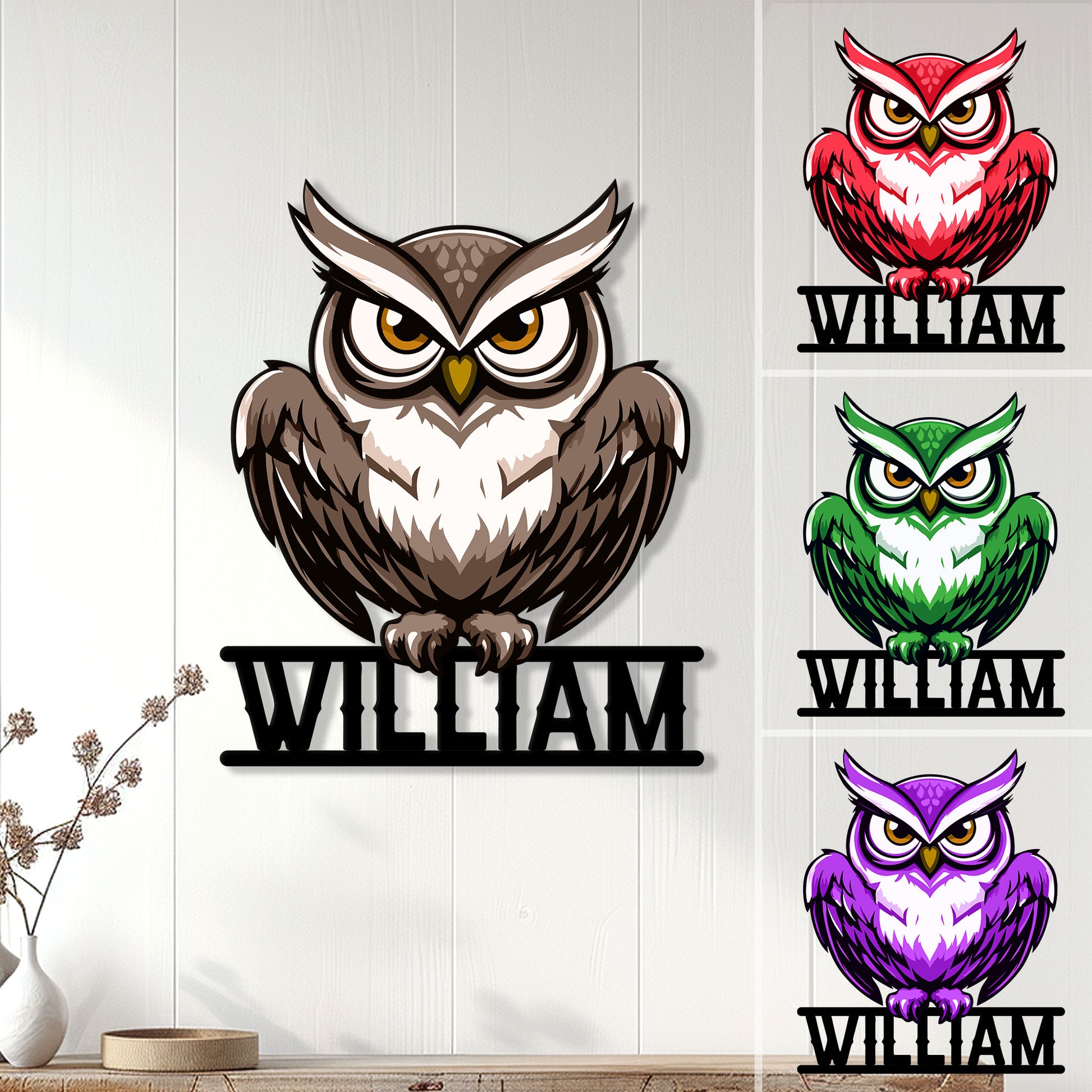 Owl metal sign displayed on a wall with brown artwork and multiple color options shown