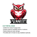 Bold red owl cut metal sign shown with product feature information