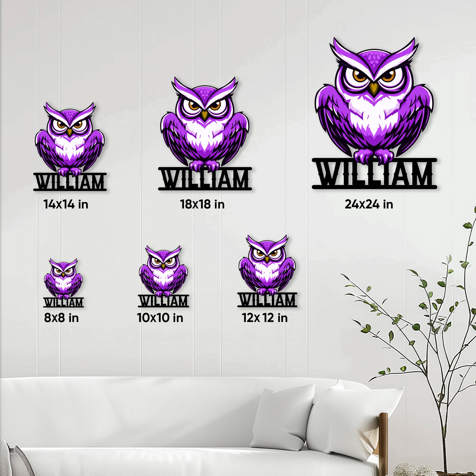 Purple owl metal signs shown in multiple sizes on a contemporary living room wall