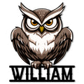 Close-up view of a detailed brown owl design on a custom metal wall sign