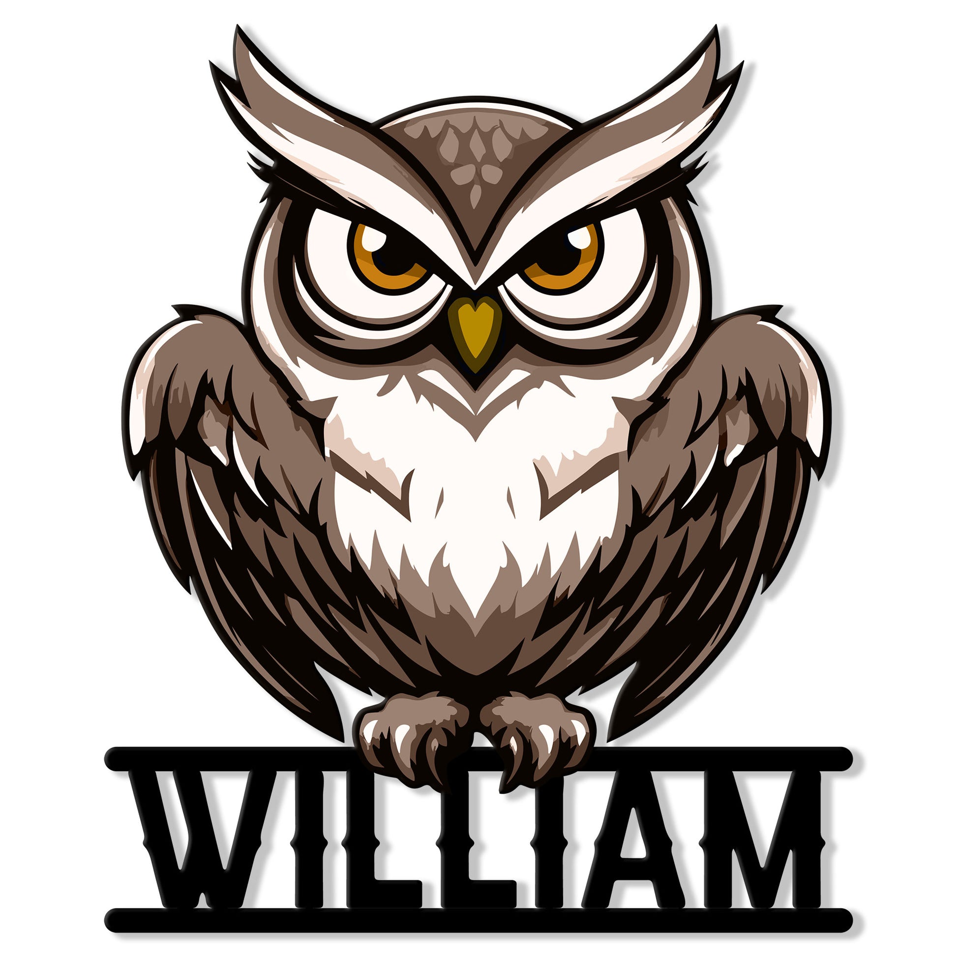 Close-up view of a detailed brown owl design on a custom metal wall sign