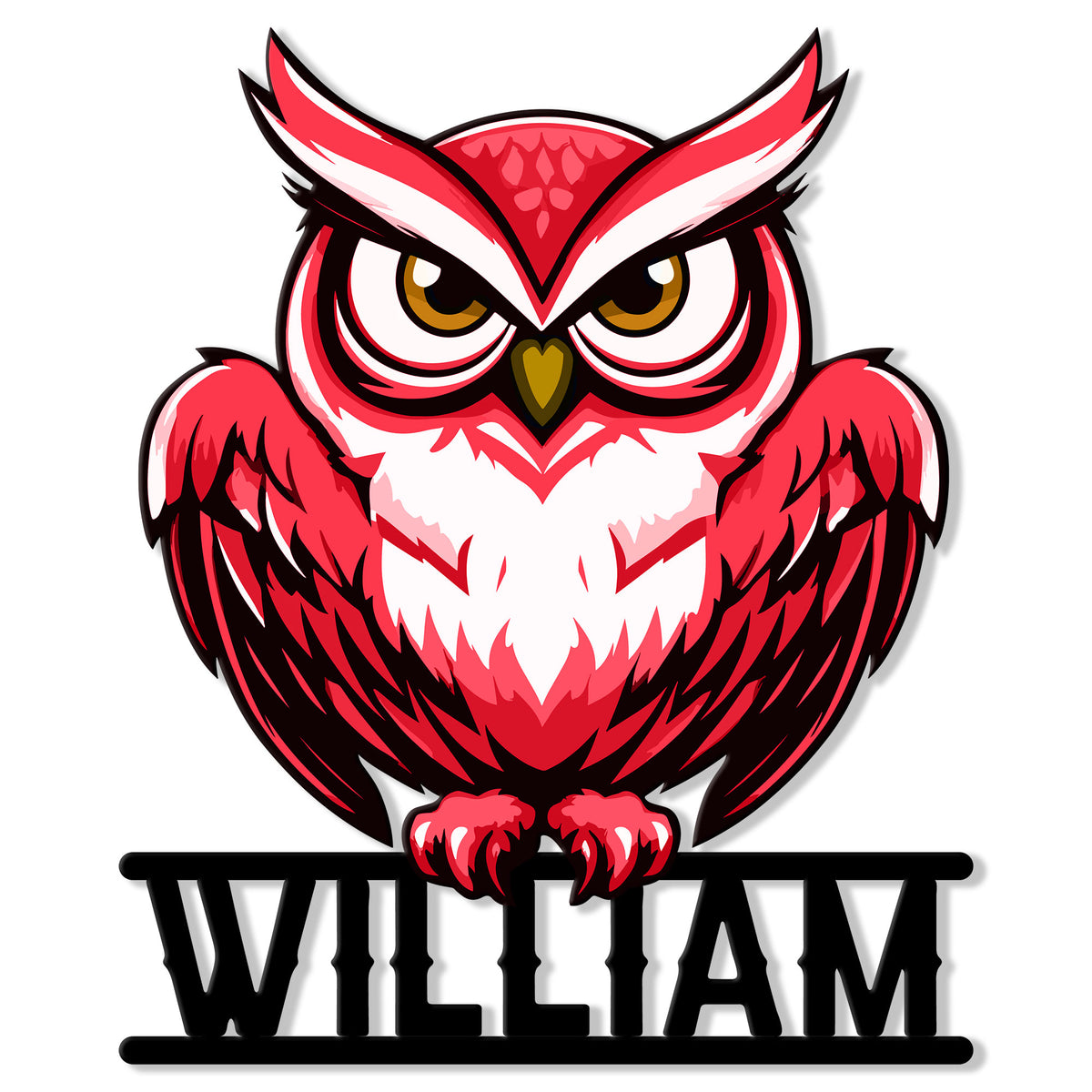 Close-up of a vivid red owl cut metal sign with bold eyes and feather details