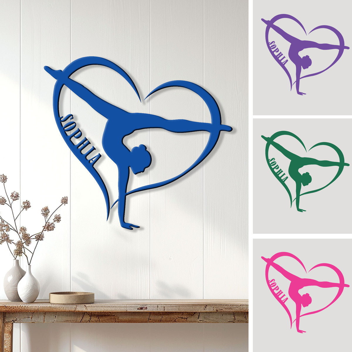 Blue gymnast silhouette forming a heart on a metal sign displayed as gymnastics wall decor