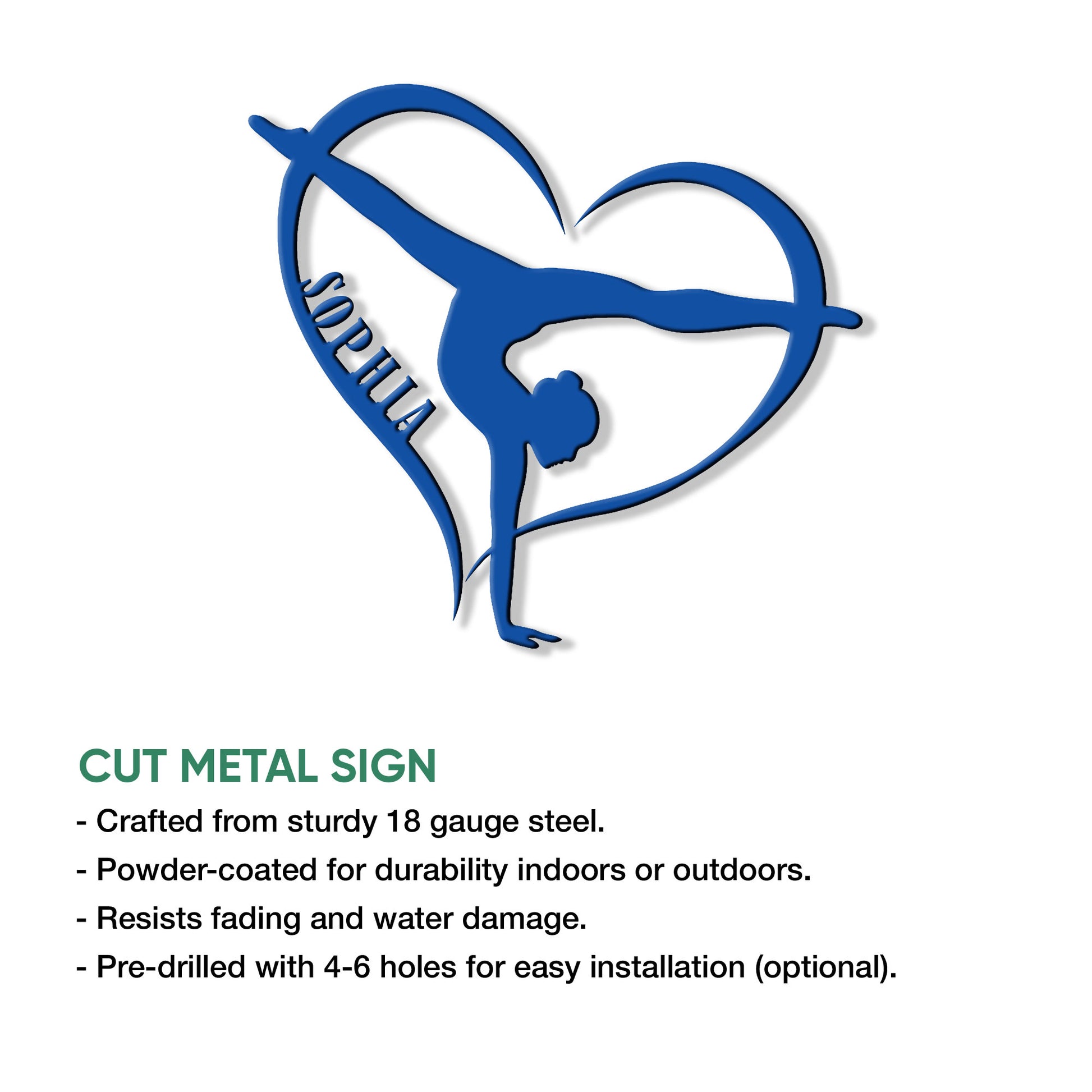 Blue artistic gymnast silhouette inside a heart-shaped design for a gymnastics metal sign