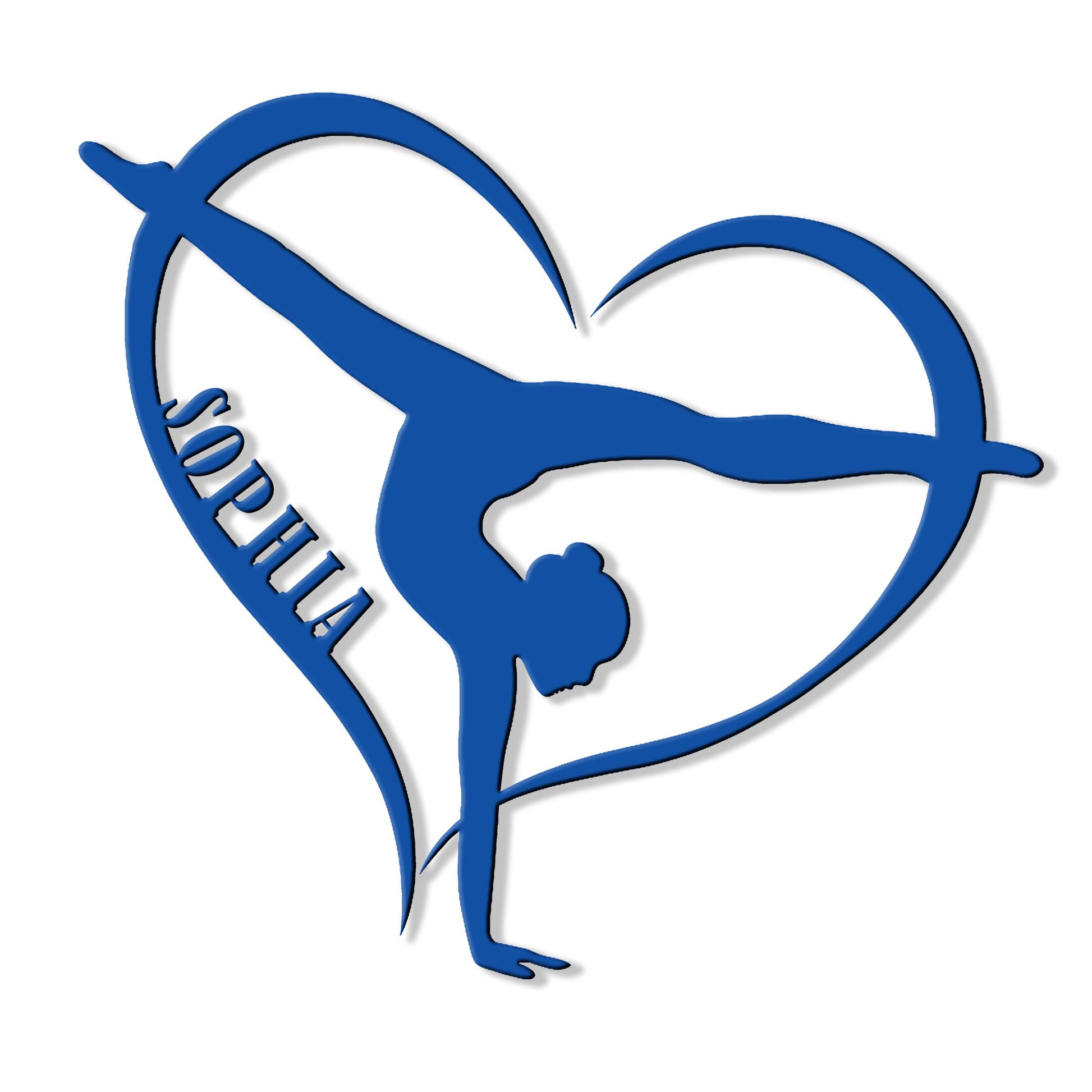 Close-up of a dynamic gymnast silhouette and heart outline featured on a gymnastics wall sign