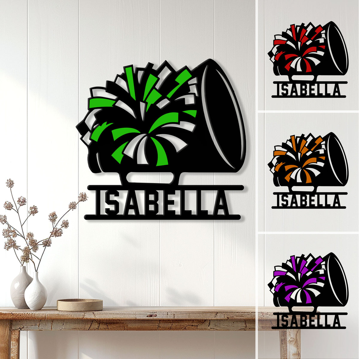 Cheerleading metal sign with a bold pom-pom and megaphone design displayed as colorful wall decor