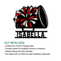 Red, black, and white cheerleading pom-pom and megaphone metal sign shown in a cut-metal product graphic