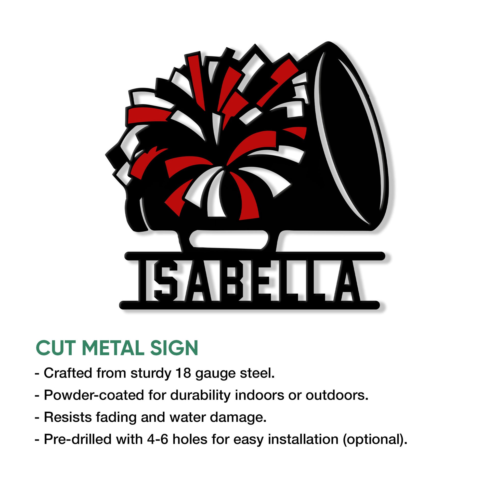 Red, black, and white cheerleading pom-pom and megaphone metal sign shown in a cut-metal product graphic