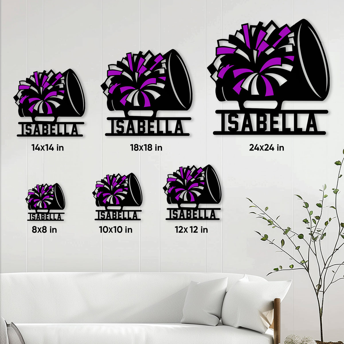 Cheerleading pom-pom and megaphone sign shown in multiple size options for bedroom or team room decor