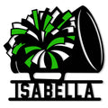 Close-up of a green and black cheerleading metal sign with layered pom-poms and a megaphone silhouette