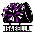 Purple and black cheerleading metal sign featuring a large pom-pom and megaphone silhouette