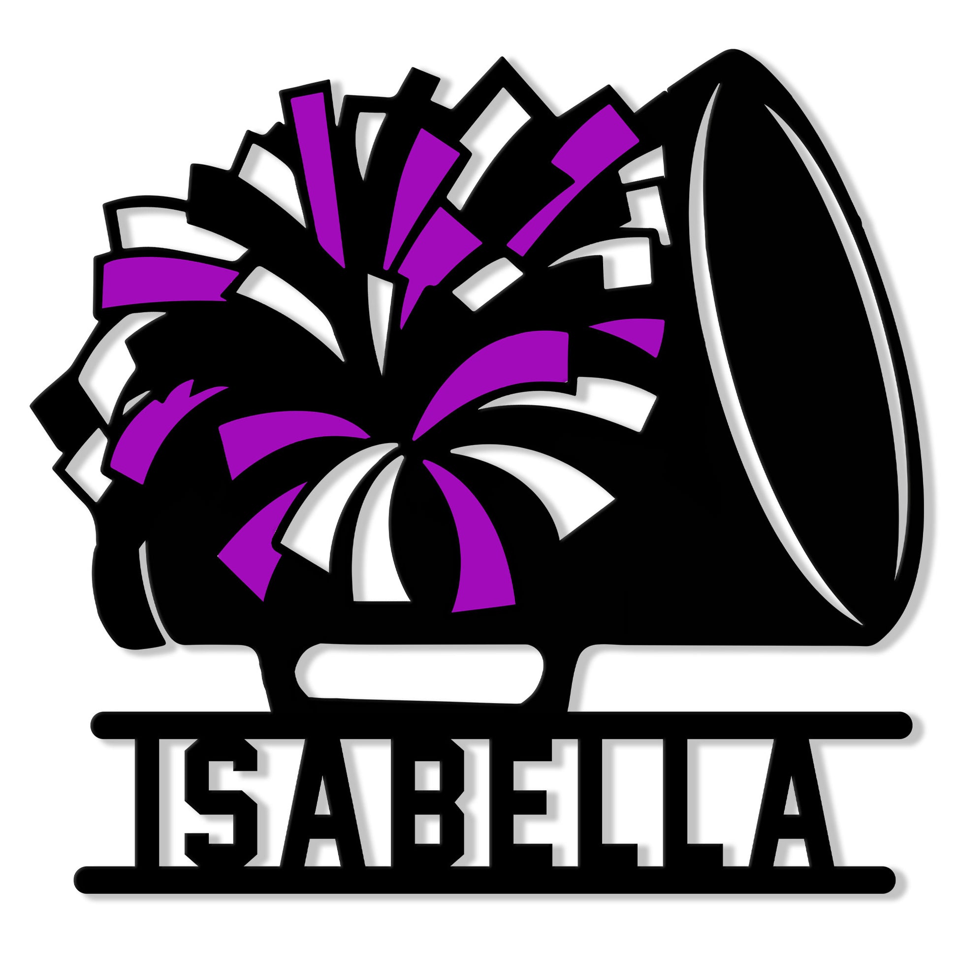 Purple and black cheerleading metal sign featuring a large pom-pom and megaphone silhouette