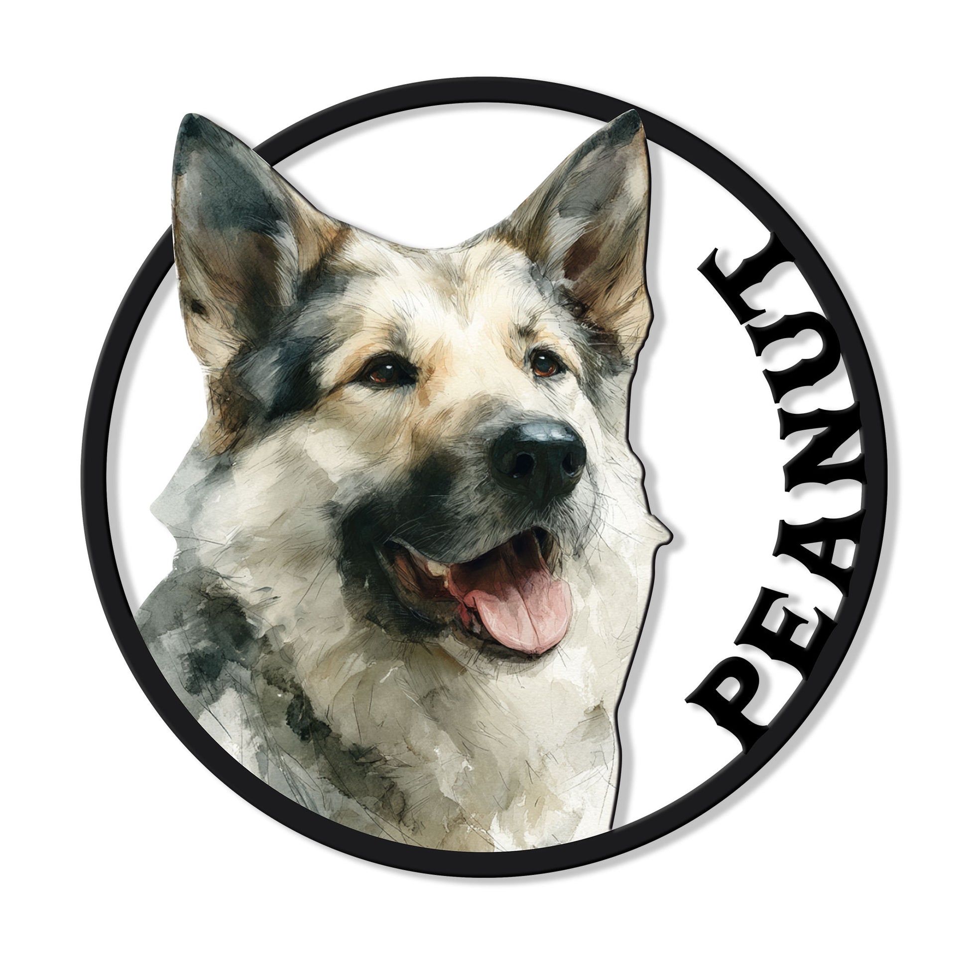 Watercolor Norwegian Elkhound portrait metal sign with a bold circular black frame