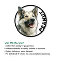 Norwegian Elkhound metal sign shown with a cut-metal sign feature infographic