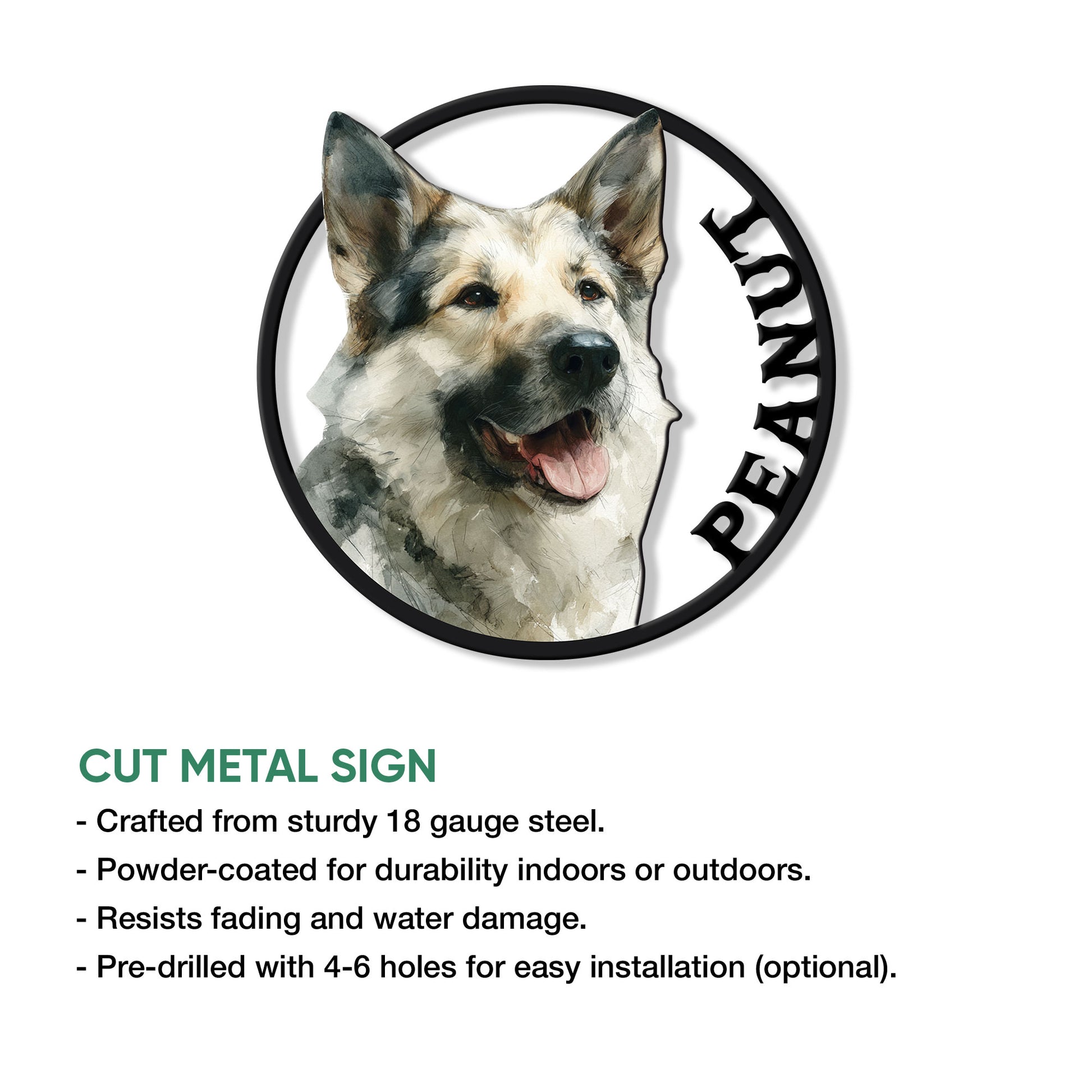 Norwegian Elkhound metal sign shown with a cut-metal sign feature infographic