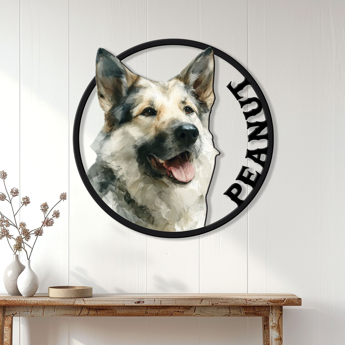 Norwegian Elkhound portrait sign displayed as wall decor in a bright home entryway