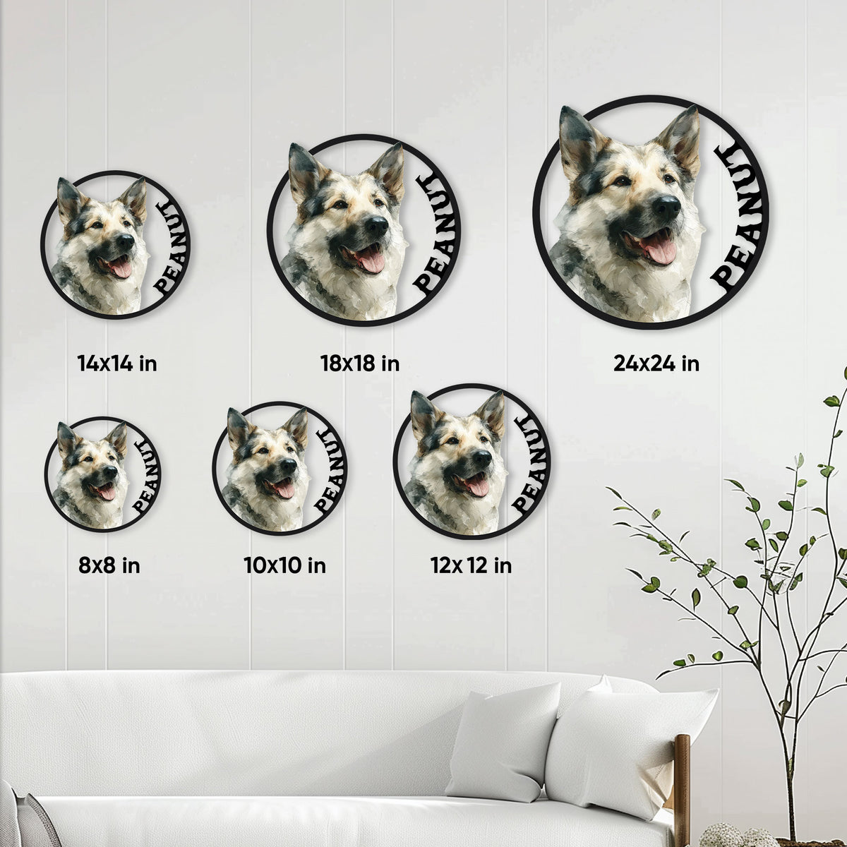 Norwegian Elkhound metal sign size guide showing six available square dimensions