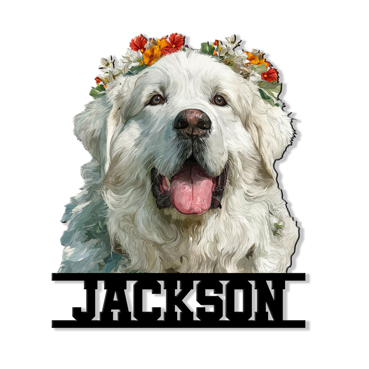 Floral Great Pyrenees dog portrait on a custom cut metal sign with bold decorative framing