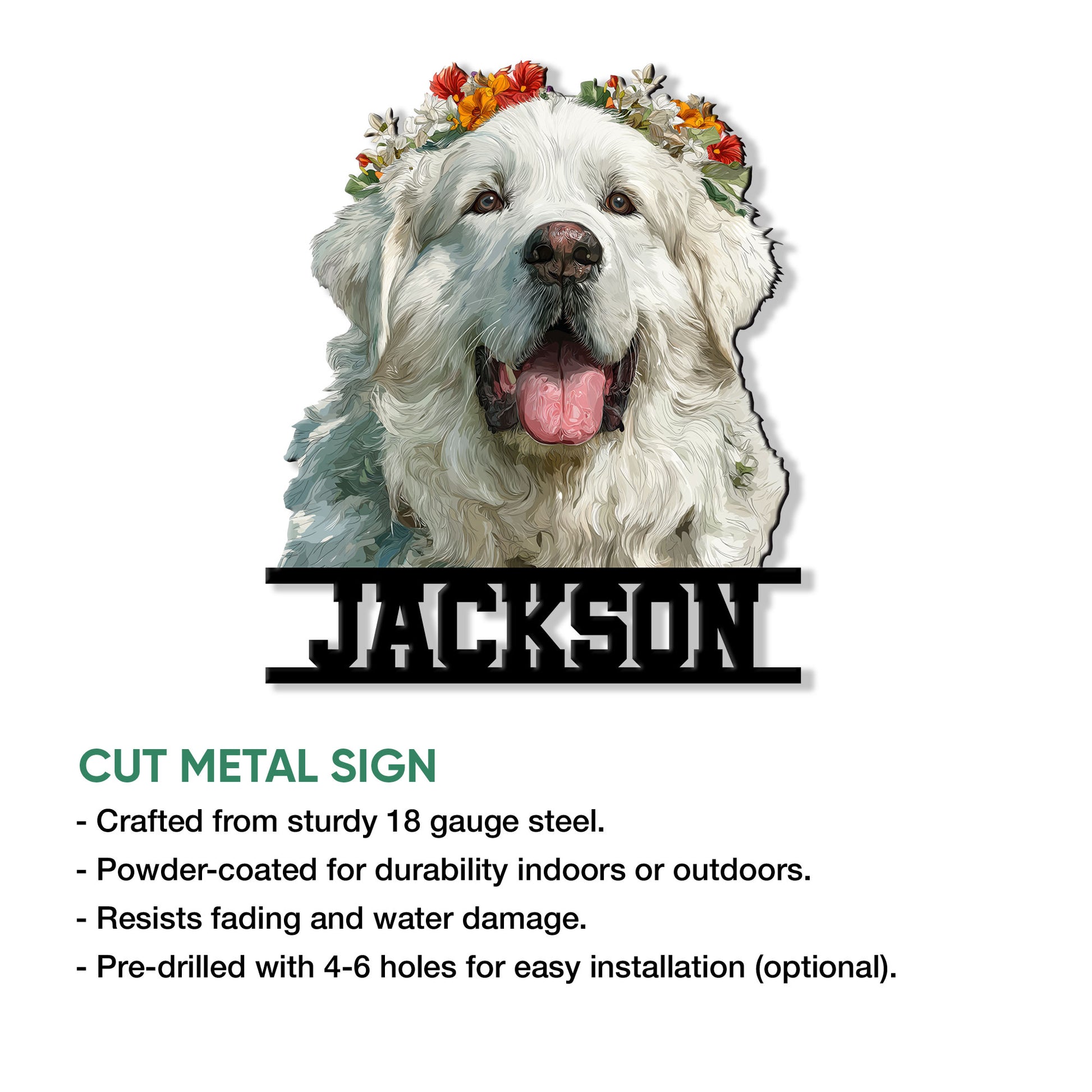 Great Pyrenees floral portrait displayed as a cut metal sign in a product feature graphic