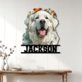 Custom Great Pyrenees metal sign with a flower-crowned dog portrait mounted on a light wood wall