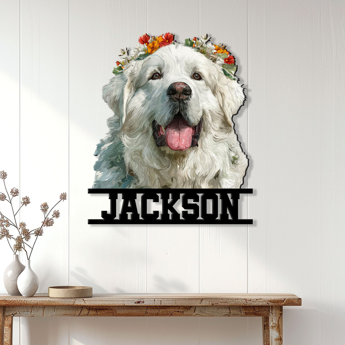 Custom Great Pyrenees metal sign with a flower-crowned dog portrait mounted on a light wood wall