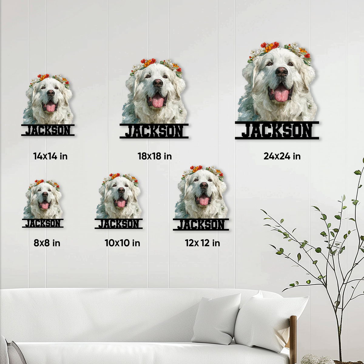 Great Pyrenees metal sign shown in multiple size options above a living room sofa
