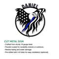 Cut metal police sign featuring a bold eagle, patriotic flag details, and thin blue line styling