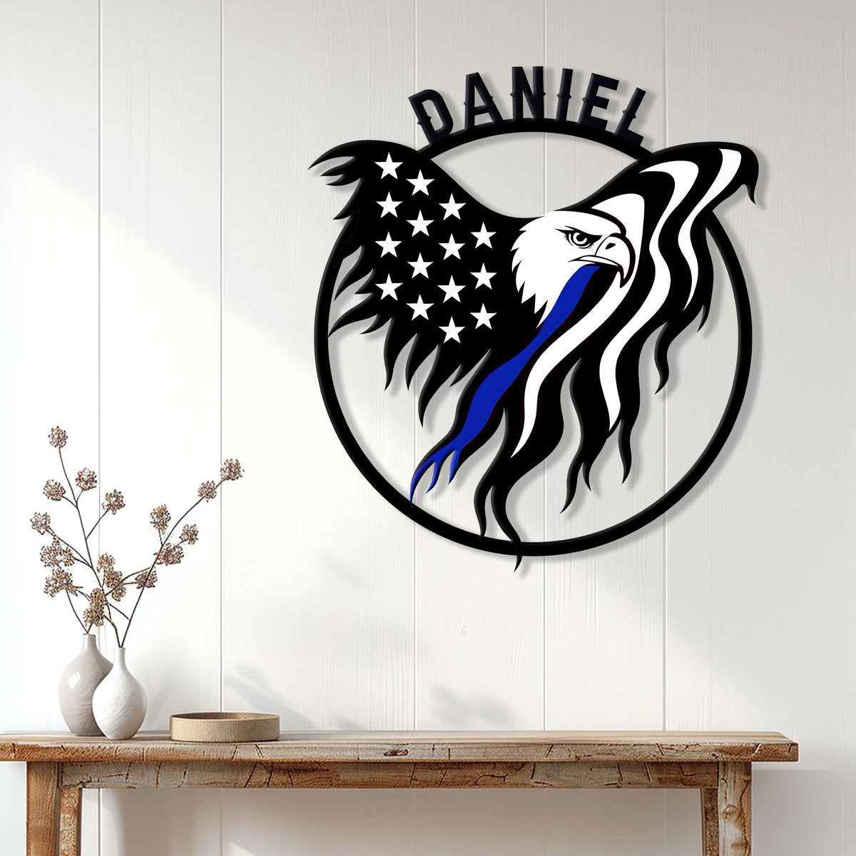 Patriotic police eagle wall sign displayed on a bright paneled wall above a console table