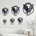 Police eagle metal sign size guide showing six available square dimensions from 8 by 8 to 24 by 24 inches